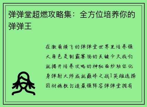 弹弹堂超燃攻略集：全方位培养你的弹弹王