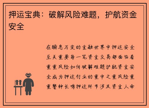 押运宝典：破解风险难题，护航资金安全