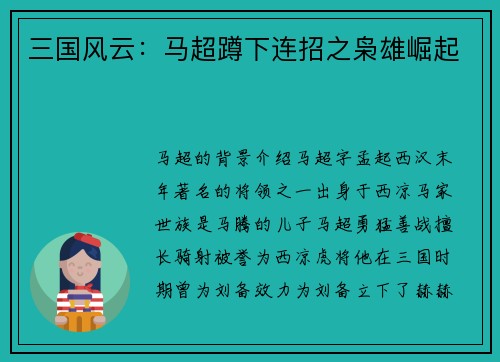 三国风云：马超蹲下连招之枭雄崛起