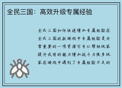 全民三国：高效升级专属经验